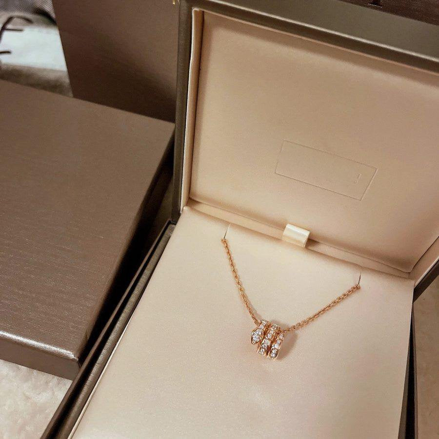 BVLGARI SERPENTI PINK GOLD NECKLACE DOUBLE RING DIAMOND