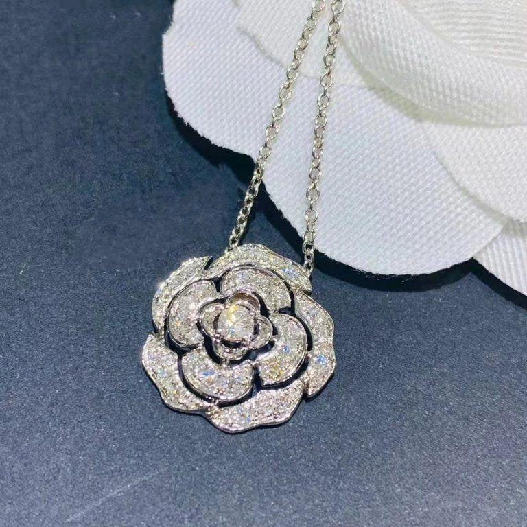 Chanel Bouton De Camelia Necklace Silver Diamond