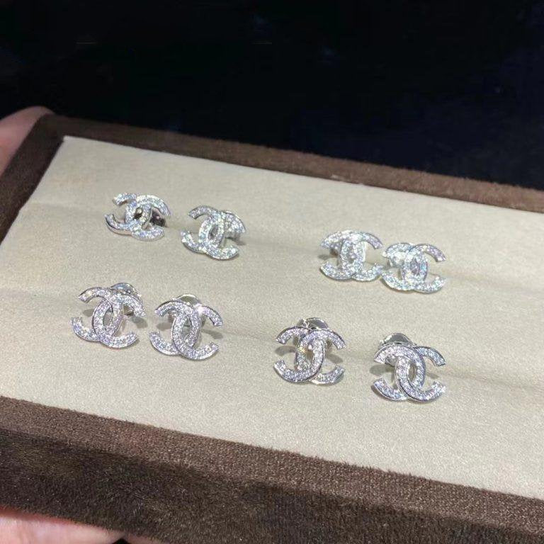 Chanel Logo Earrings Small Silver Diamond