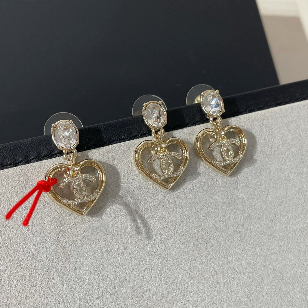 Chanel Strass Crystal Heart Drop Light Gold Earrings