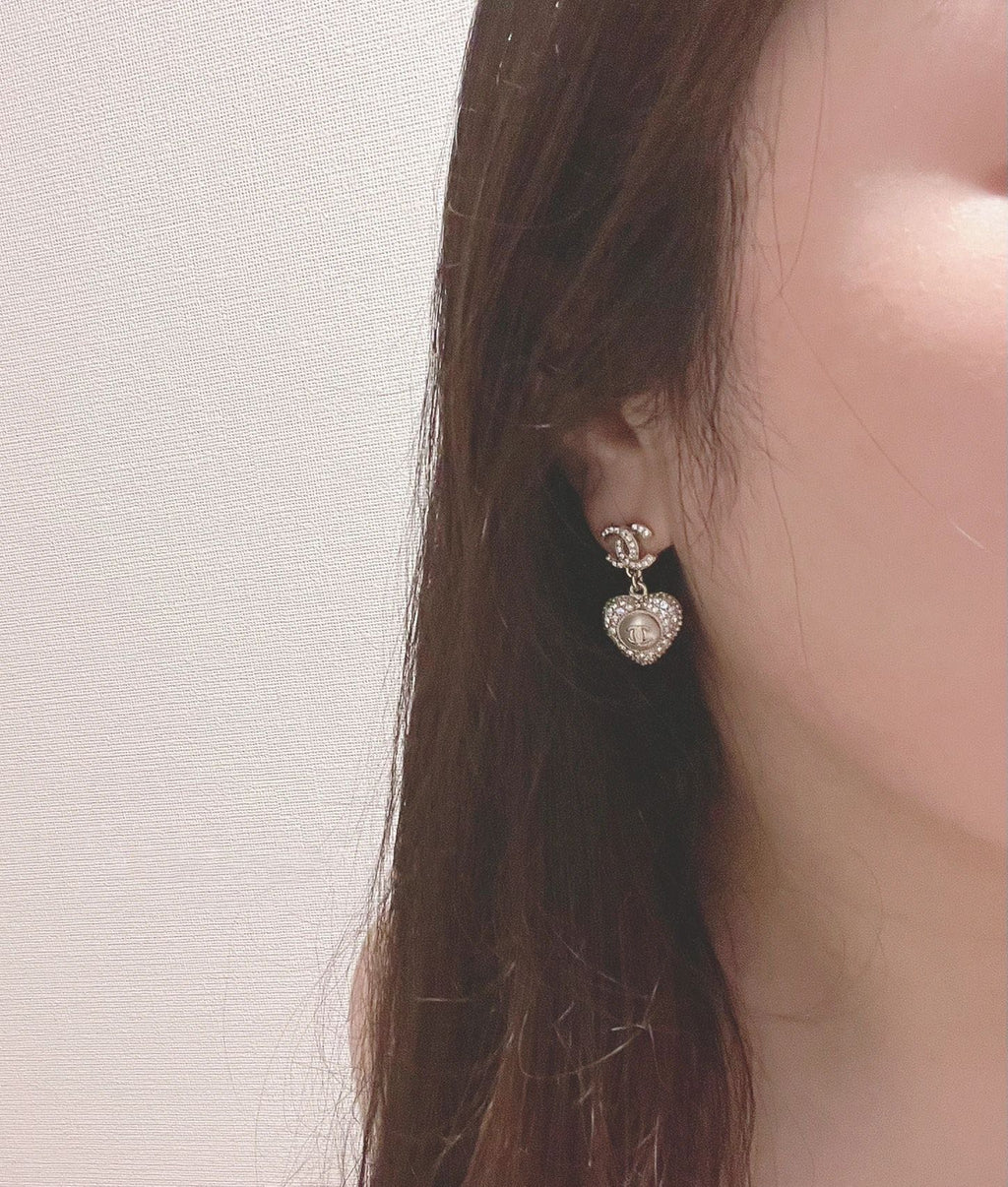 Chanel Logo Diamond Paved Heart Mop Drop Earrings