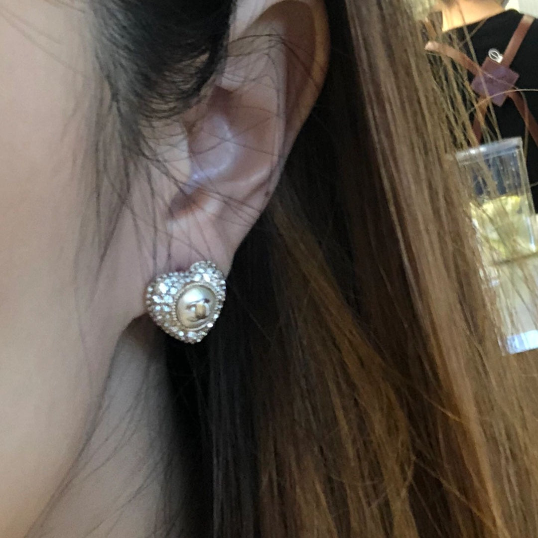 Chanel Heart Diamond Paved Mop Stud Earrings