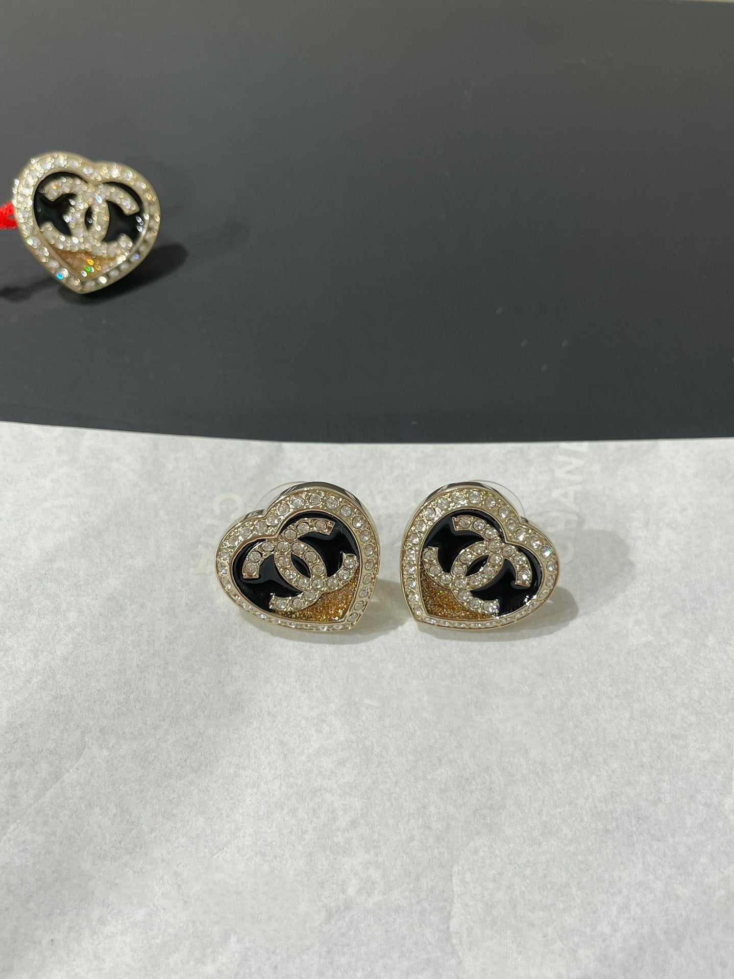 Chanel Diamond Paved Heart Black Enamel Stud Earrings