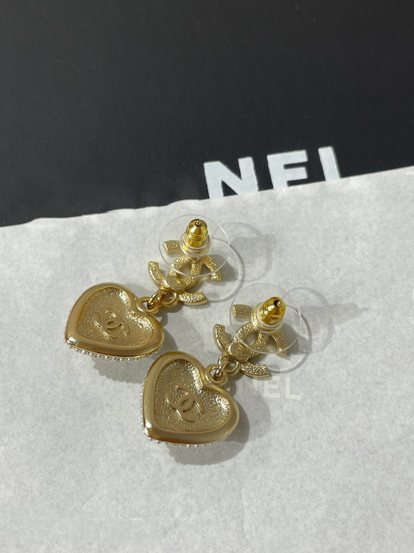 Chanel Logo Diamond Paved Heart Mop Drop Earrings