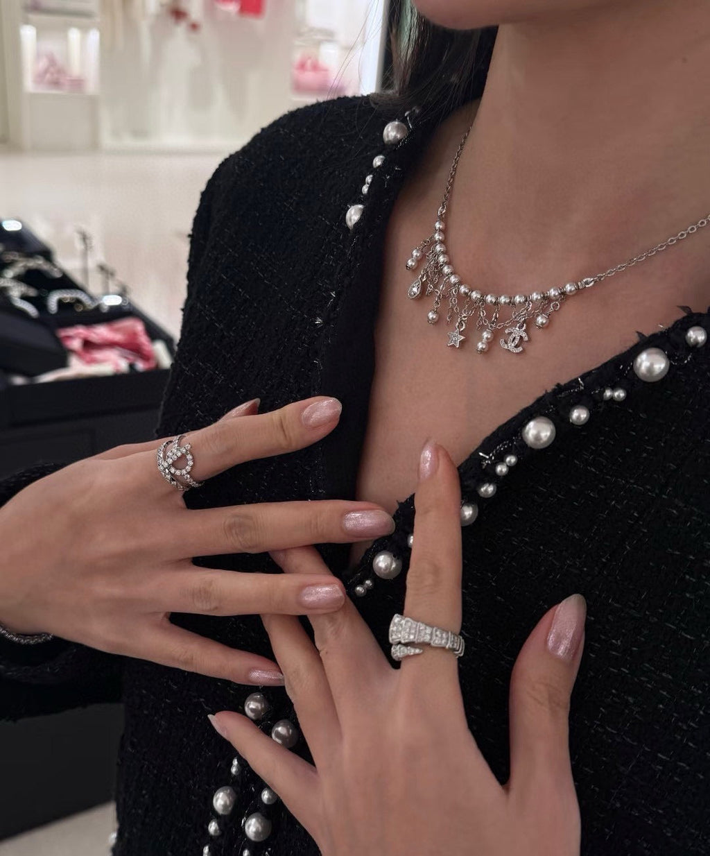 Chanel 2026 Silver Full Diamond Double C Star Teardrop Tassel Necklace