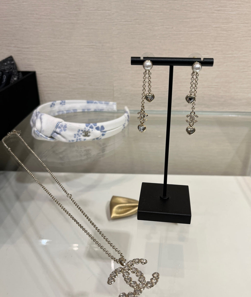 Chanel Light Gold Full Diamond Double C Heart Diamond Crystal Long Earrings