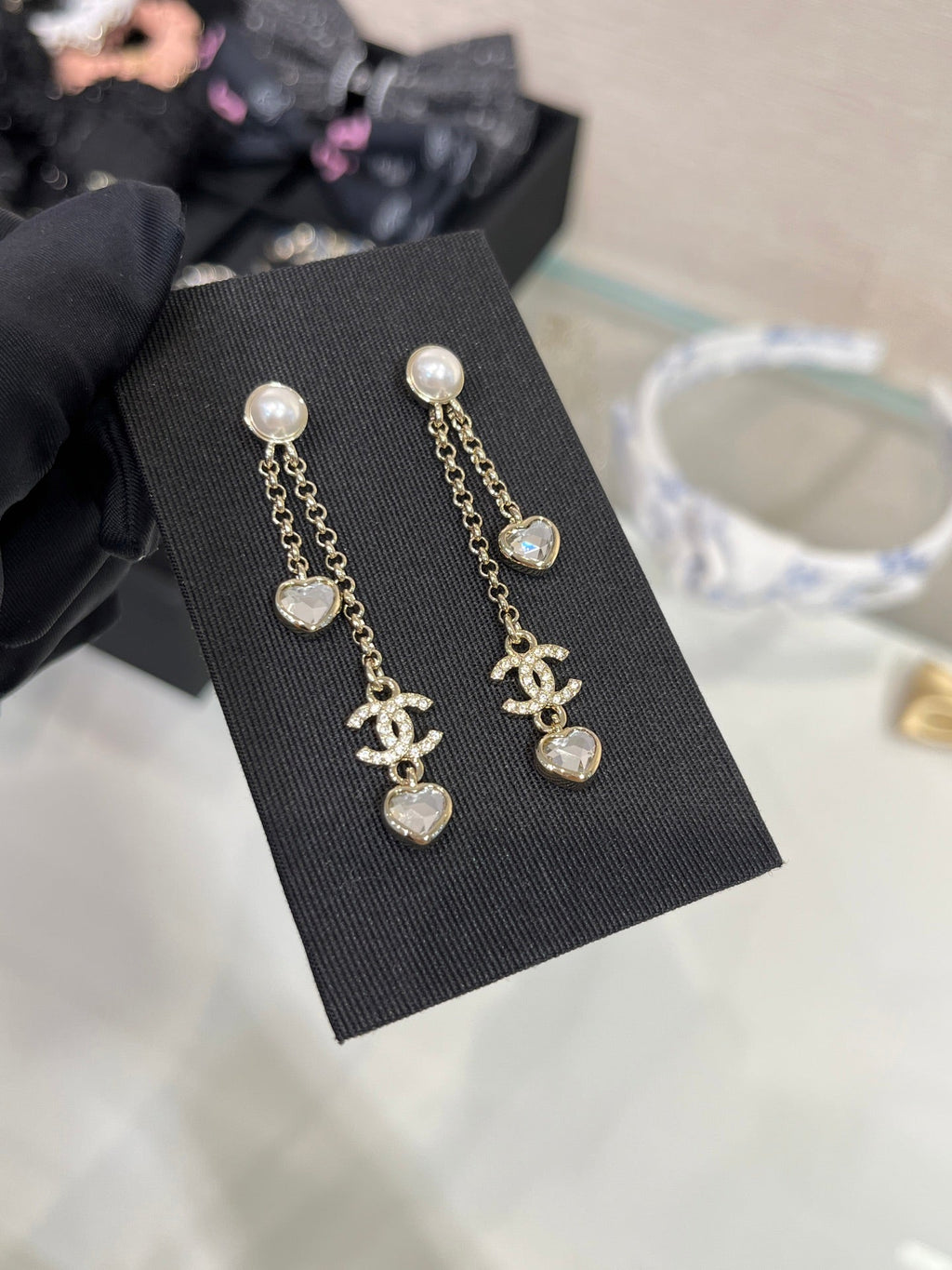 Chanel Light Gold Full Diamond Double C Heart Diamond Crystal Long Earrings