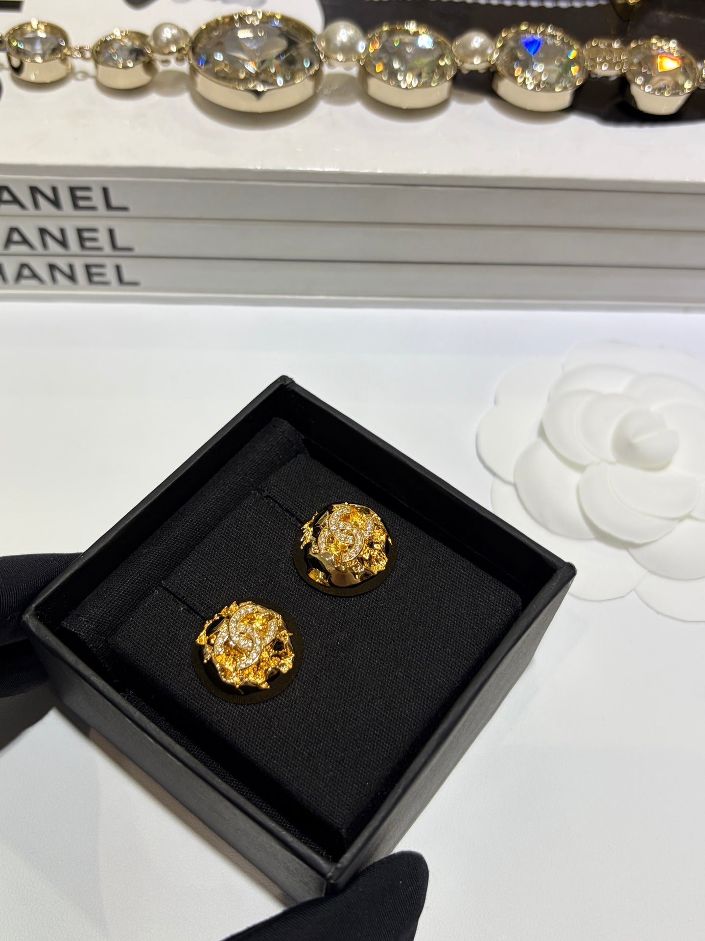 Chanel 2026 Gold Full Diamond Double C Gold Ball Stud Earrings
