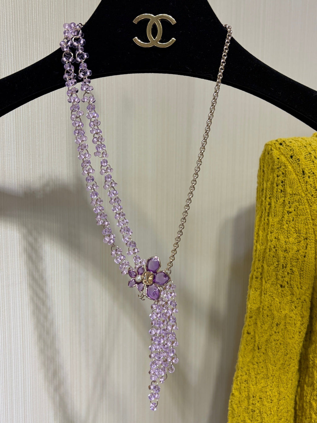 Chanel 2026 Double C Light Purple Beaded Asymmetrical Flower Necklace