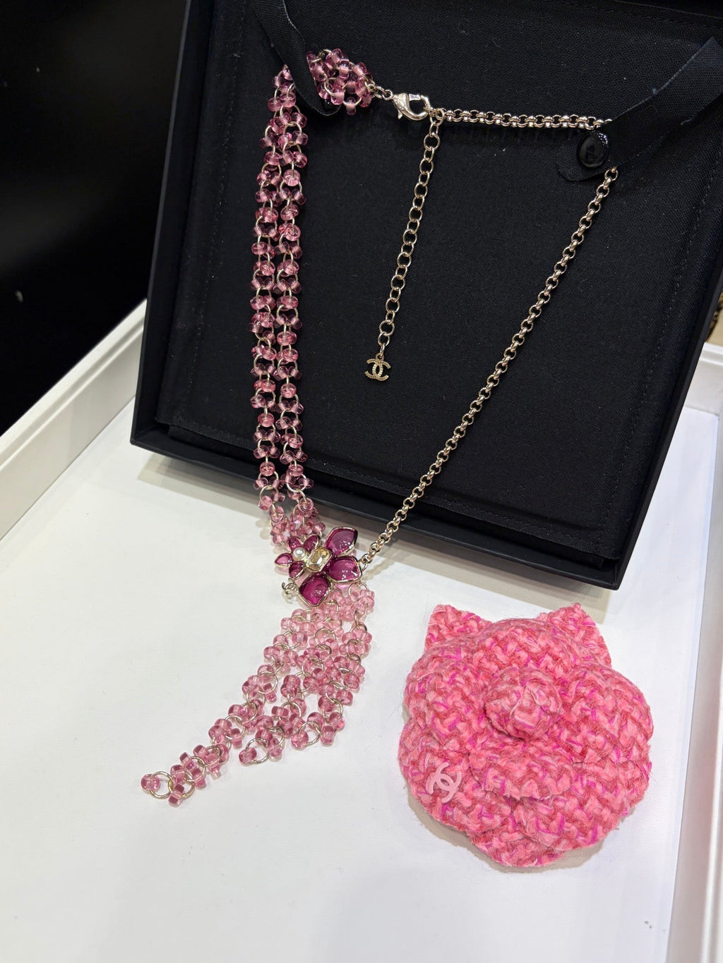 Chanel 2026 Double C Pink Beaded Asymmetrical Flower Necklace