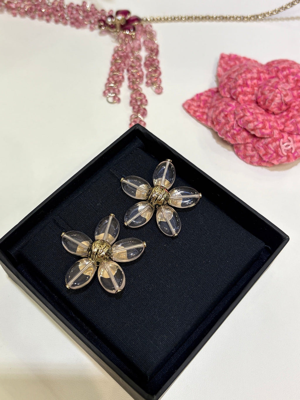 Chanel 2026 Gold Double C Transparent Flower Stud Earrings