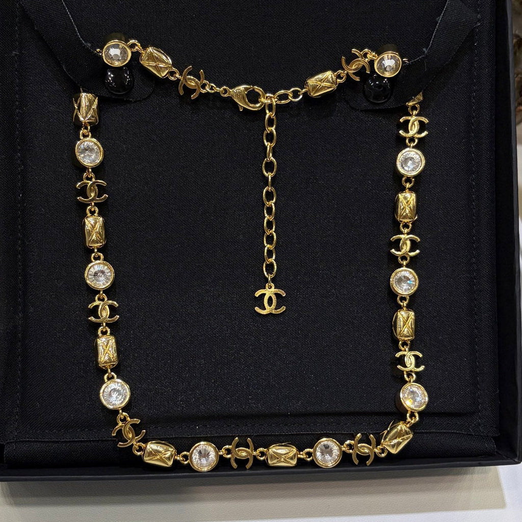 Chanel 2026 Gold Double C Diamond Pattern Crystal Necklace