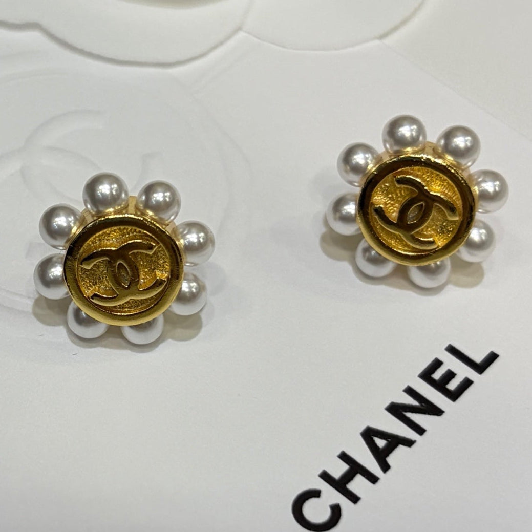 Chanel 2026 Double C Gold Bean Pearl Sunflower Earrings