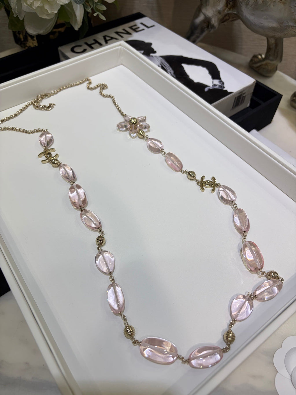Chanel 2026 Double C Pink Floral Acrylic Beaded Necklace
