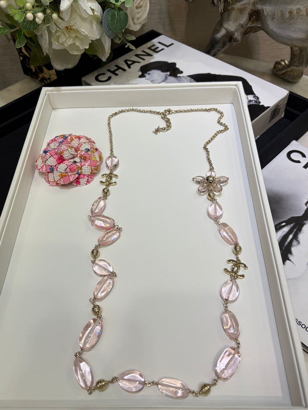Chanel 2026 Double C Pink Floral Acrylic Beaded Necklace