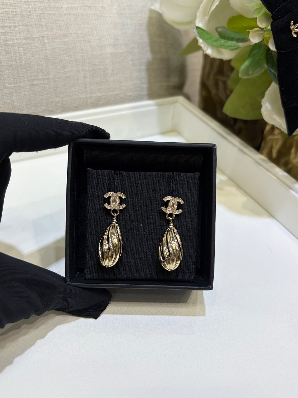 Chanel 2026 Gold Crystal Double C Metal Teardrop Earrings