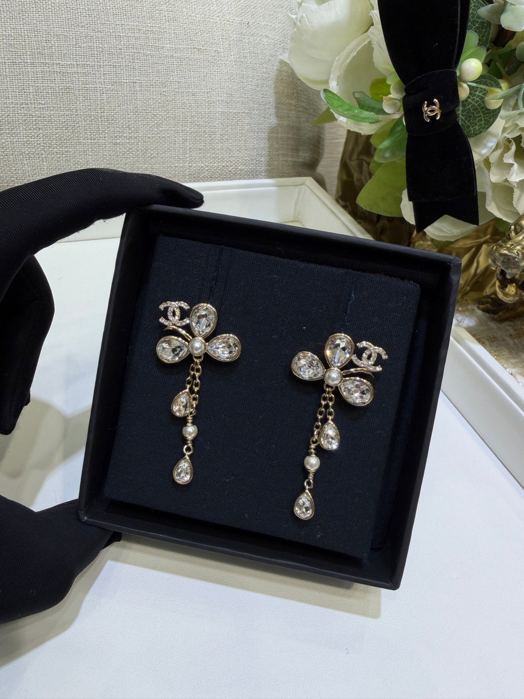 Chanel 2026 Gold Full Diamond Double C Lucky Clover Crystal Earrings