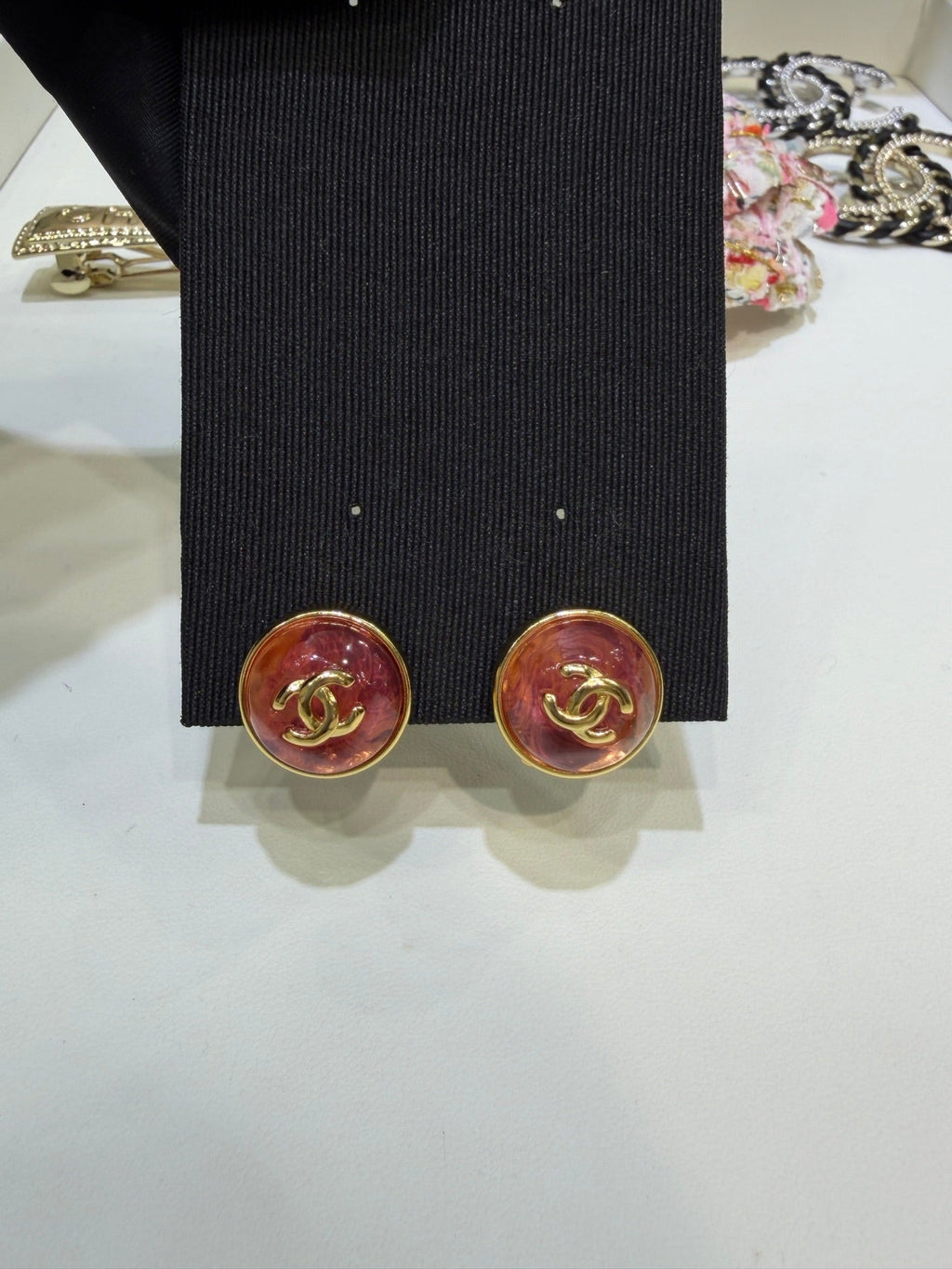 Chanel Gripoix Earrings With Gold Chanel Logo And Red Glass Stones
