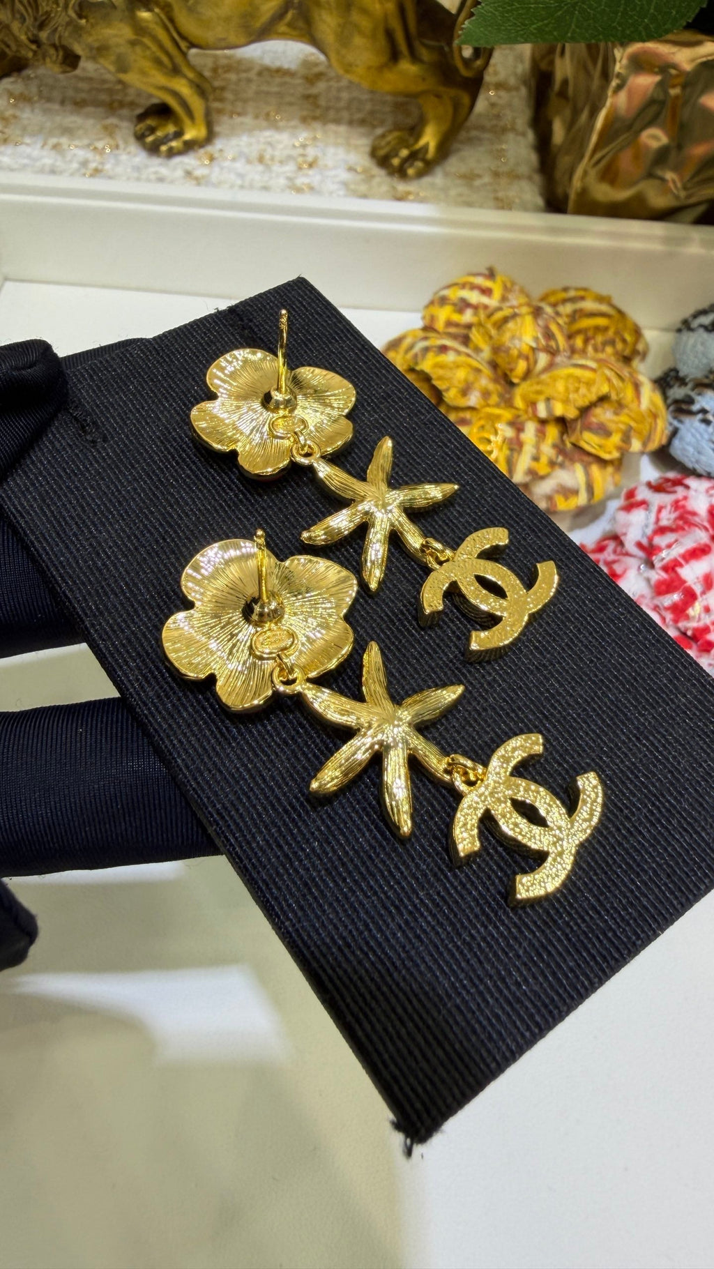 Chanel 2026 Gold Double C Enamel Flower Long Stud Earrings