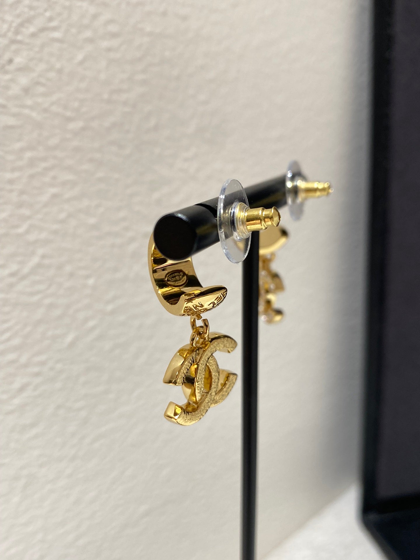 Chanel Letter Hook Gold Diamond Earrings