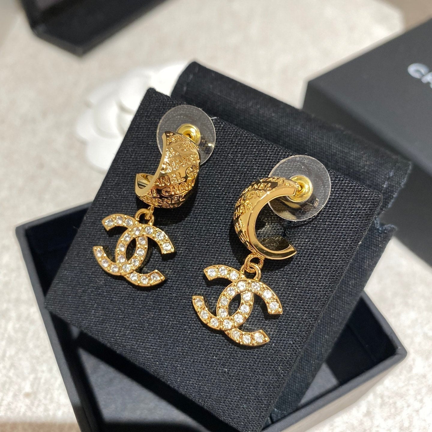 Chanel Letter Hook Gold Diamond Earrings