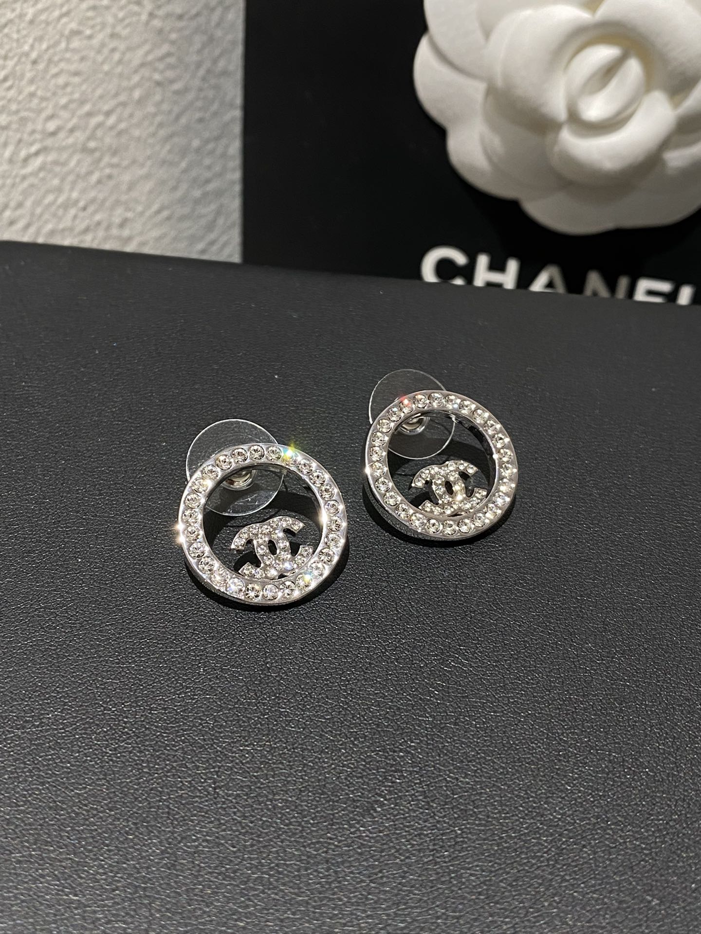 Chanel Classic Platinum Rhinestone Stud Sliver Earrings