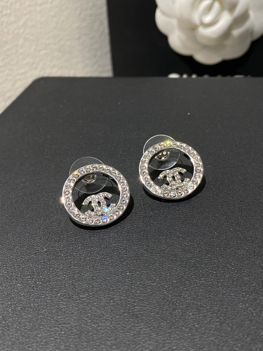 Chanel Classic Platinum Rhinestone Stud Sliver Earrings