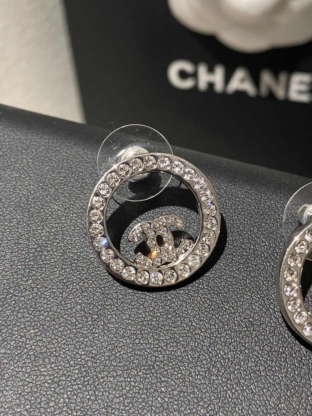 Chanel Classic Platinum Rhinestone Stud Sliver Earrings