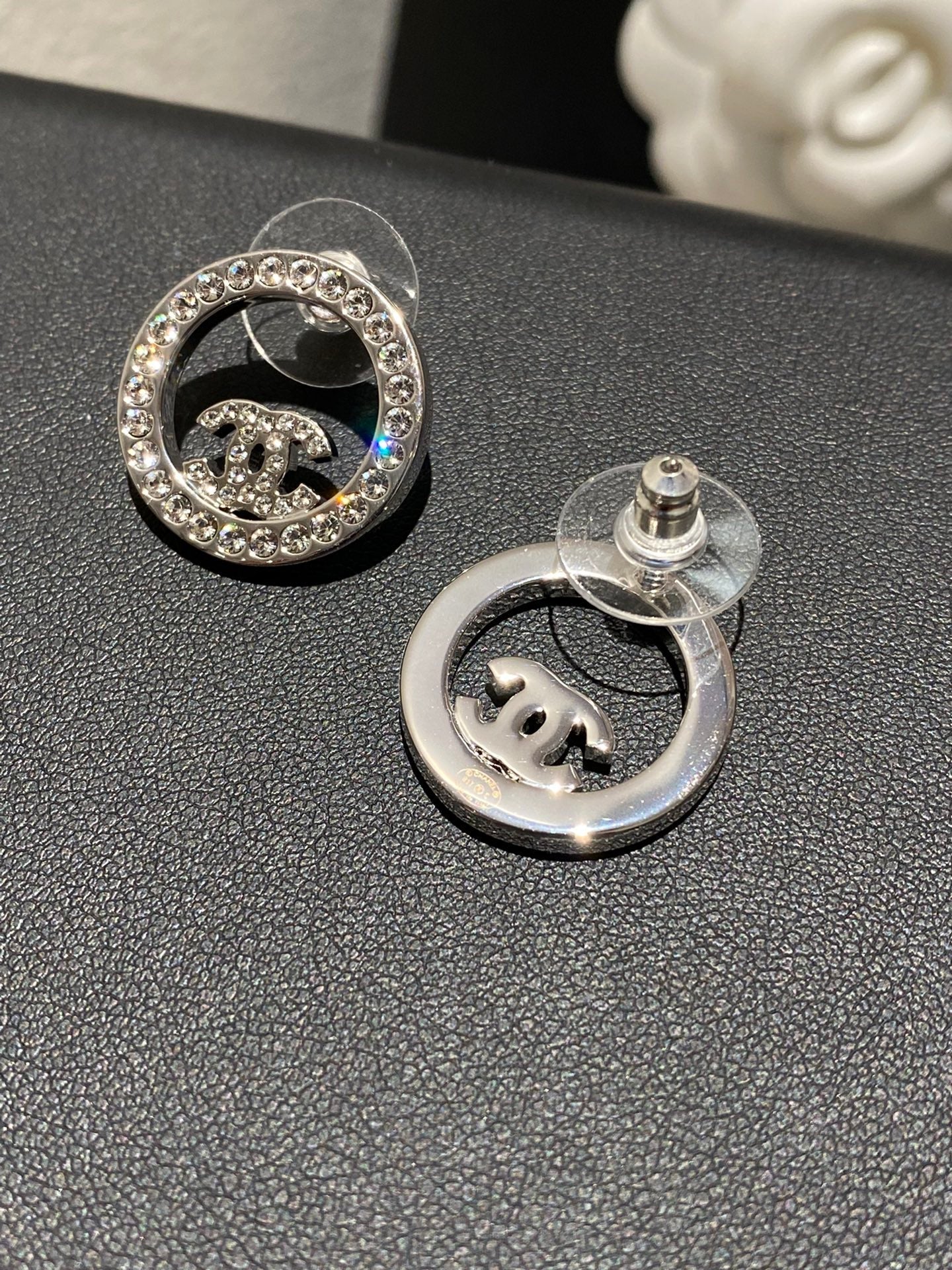 Chanel Classic Platinum Rhinestone Stud Sliver Earrings