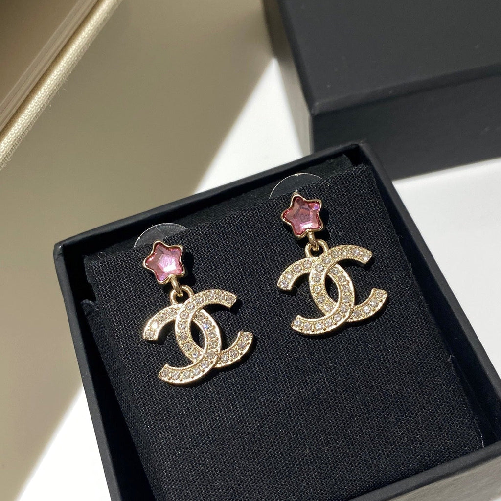 Chanel Pink Star Gold Diamond Earrings