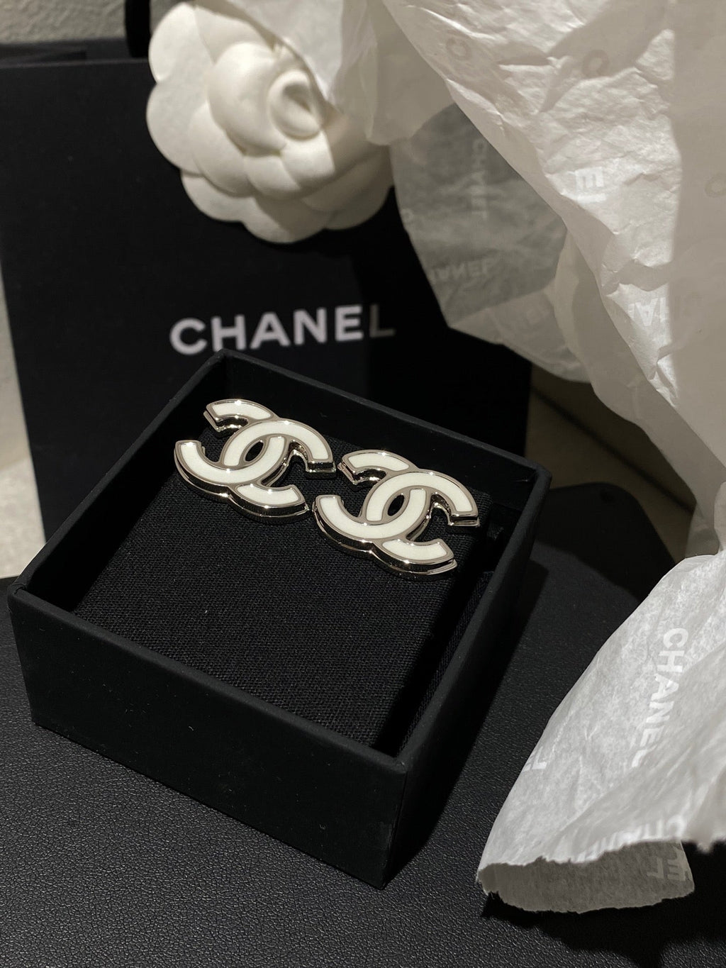 Chanel Classic White Sliver Enamel Double C Earrings
