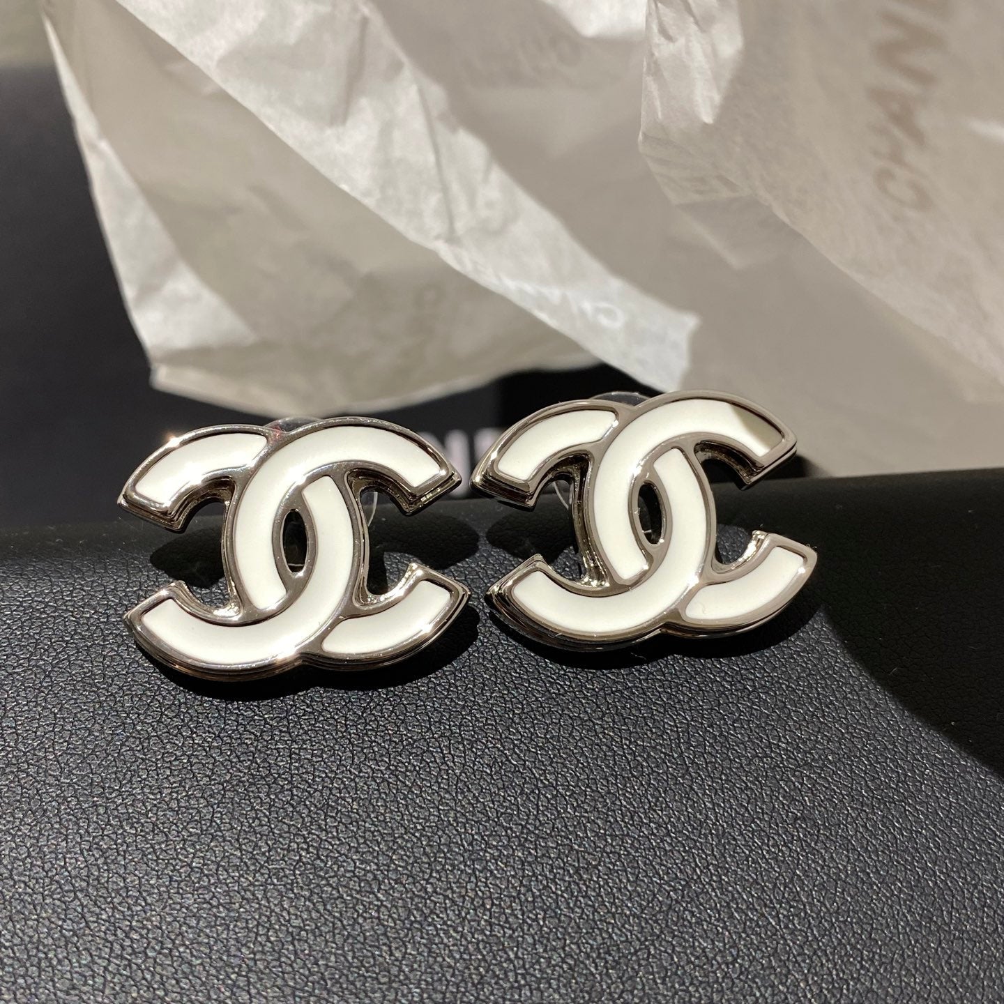 Chanel Classic White Sliver Enamel Double C Earrings