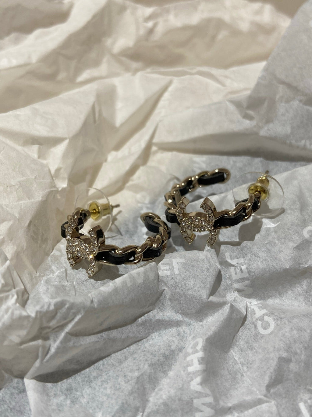 Chanel Half Circle Gold Black Leather Earrings