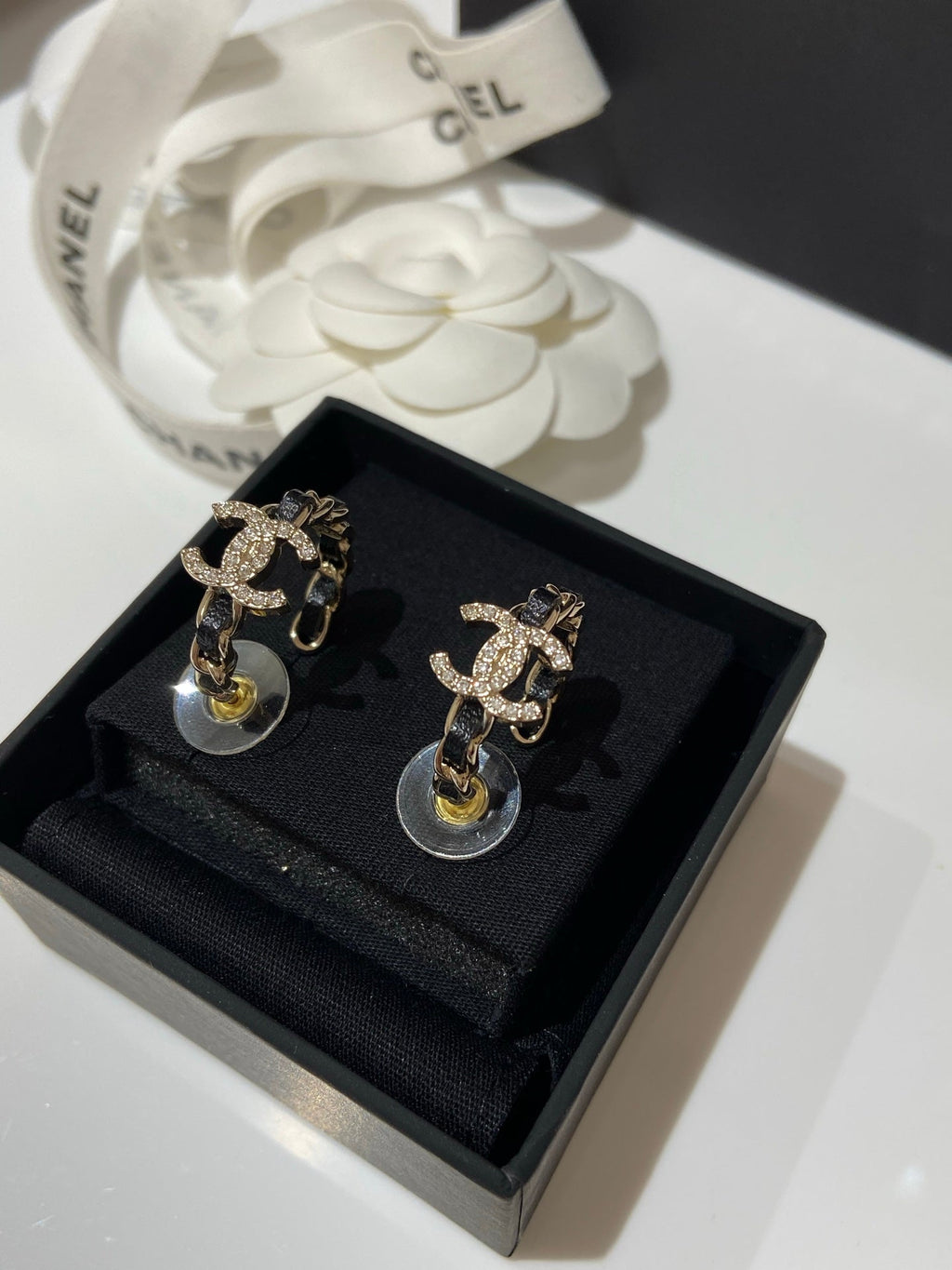 Chanel Half Circle Gold Black Leather Earrings