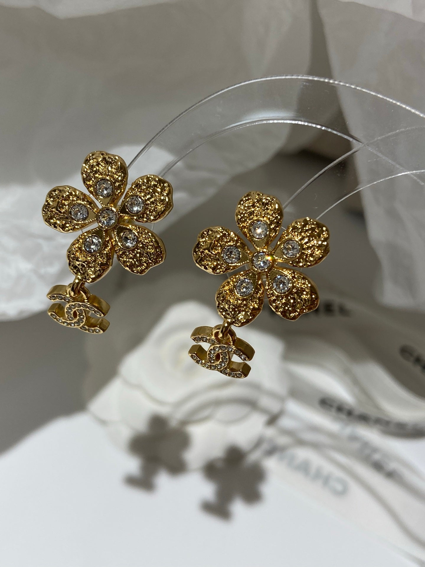 Chanel Vintage Flower Gold Diamond Earrings