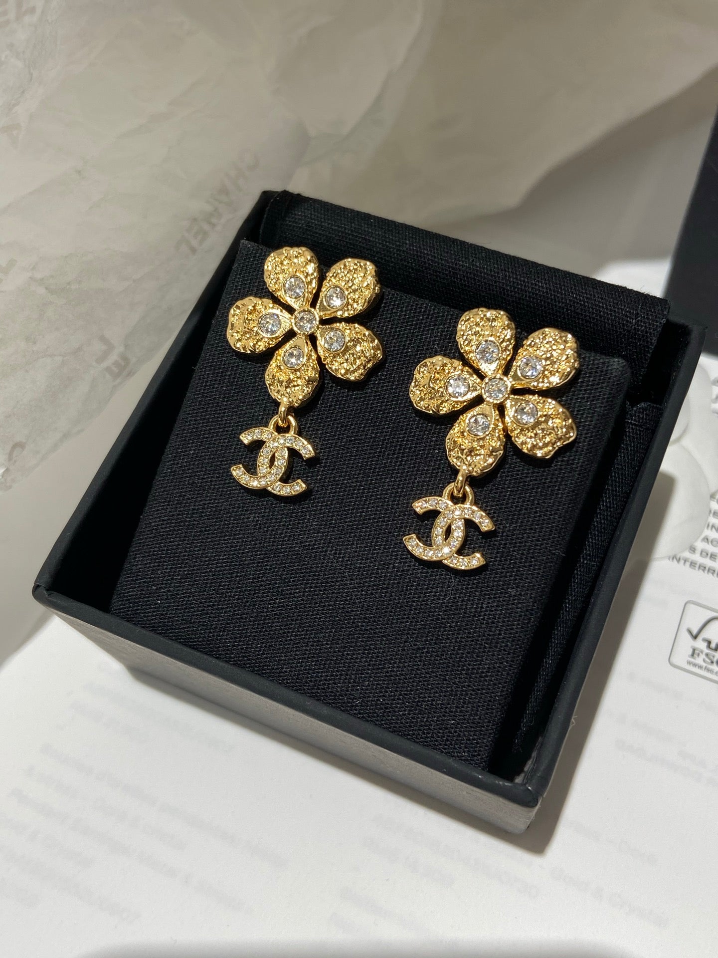 Chanel Vintage Flower Gold Diamond Earrings