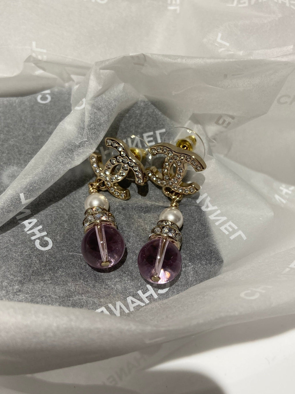 Chanel Pink Crystal Gold Pearl Earrings