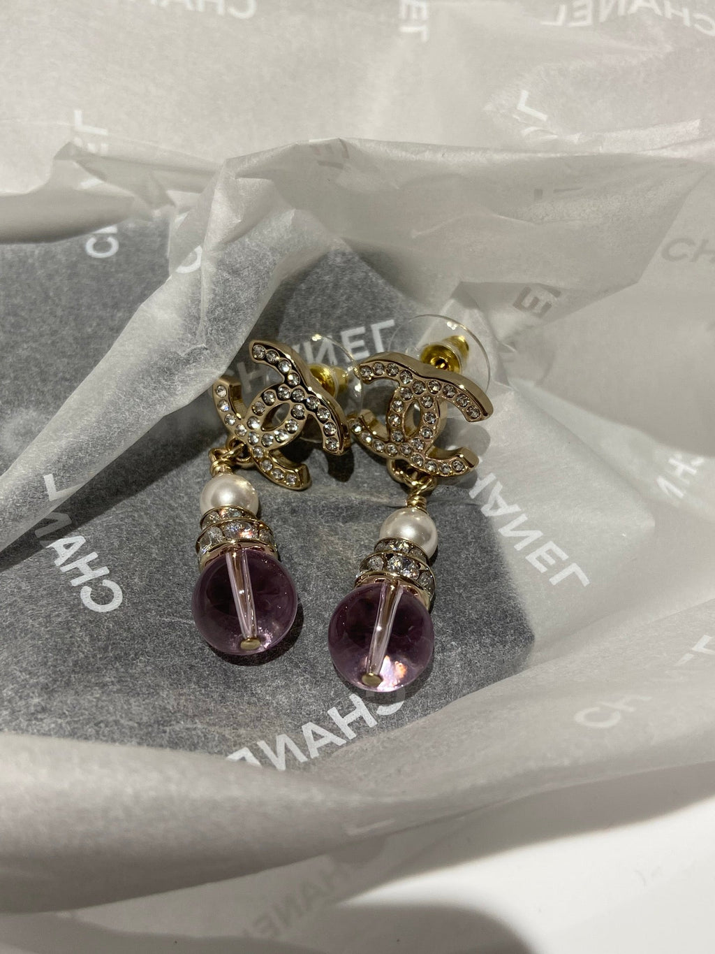 Chanel Pink Crystal Gold Pearl Earrings