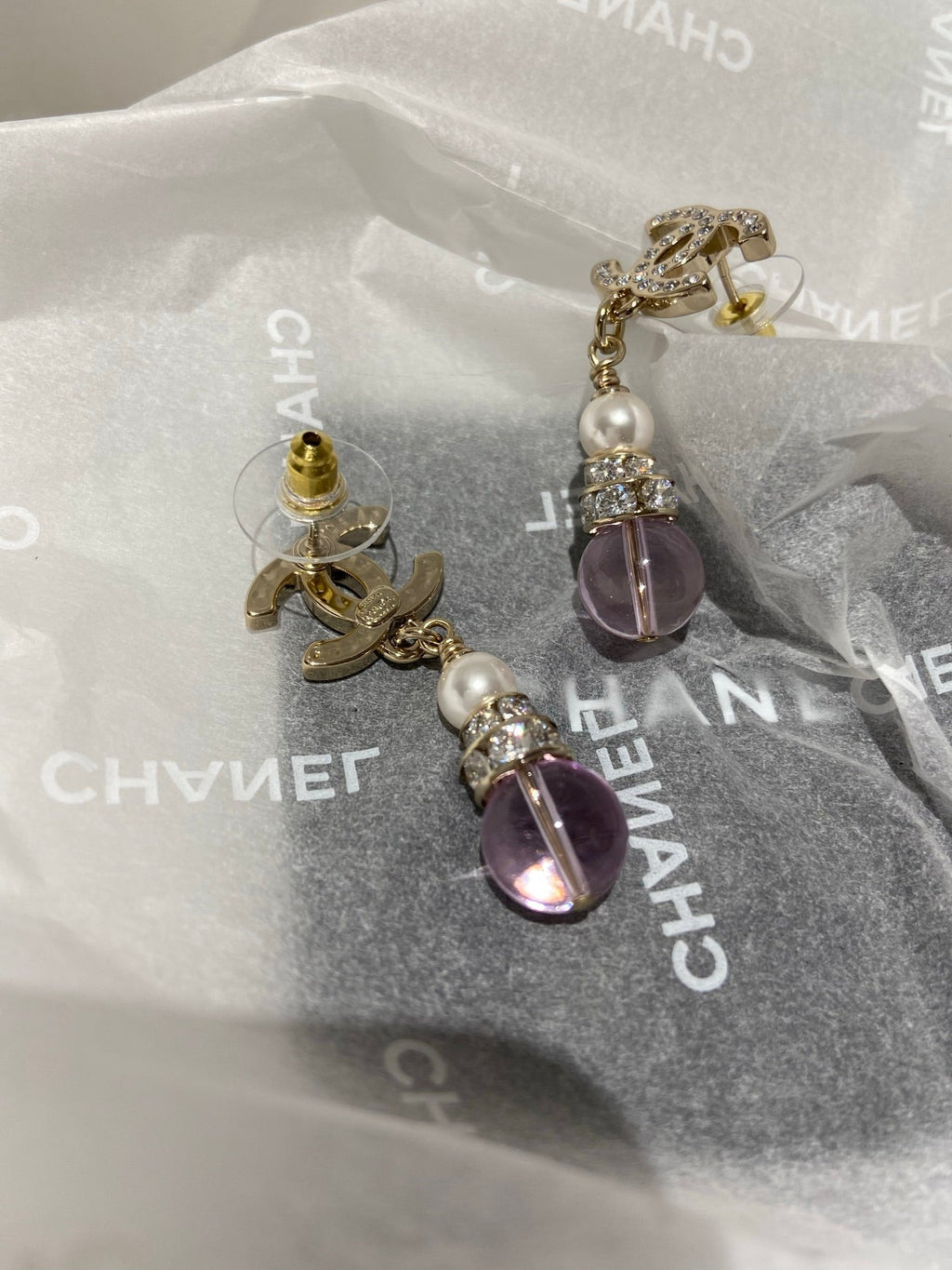 Chanel Pink Crystal Gold Pearl Earrings