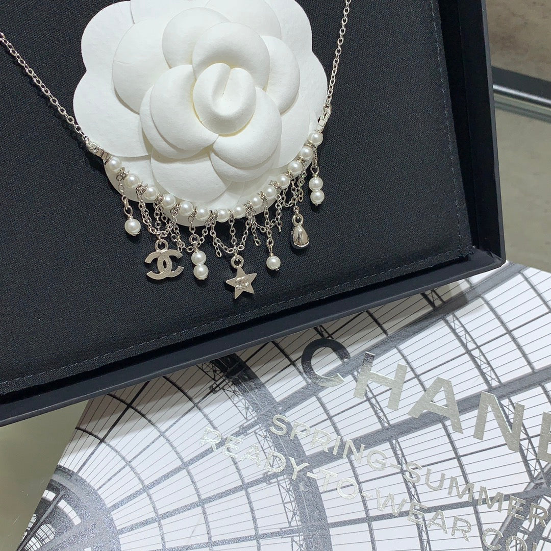 Chanel 2026 Silver Full Diamond Double C Star Teardrop Tassel Necklace