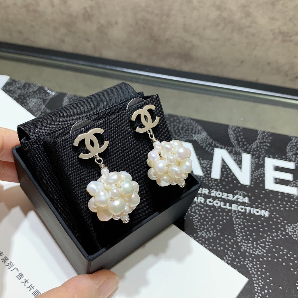 Chanel 2026 Silver Double C Pearl Flower Earrings