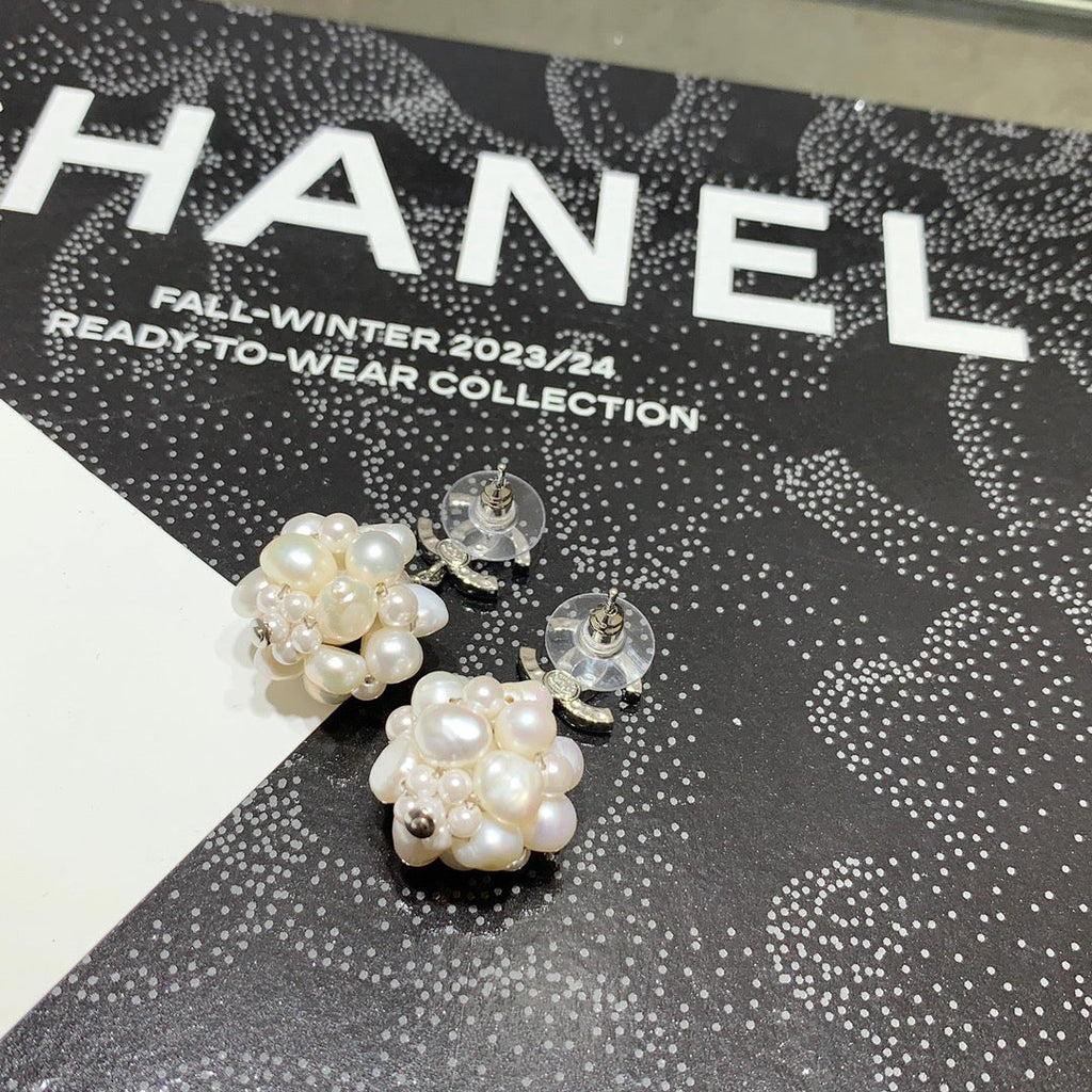Chanel 2026 Silver Double C Pearl Flower Earrings