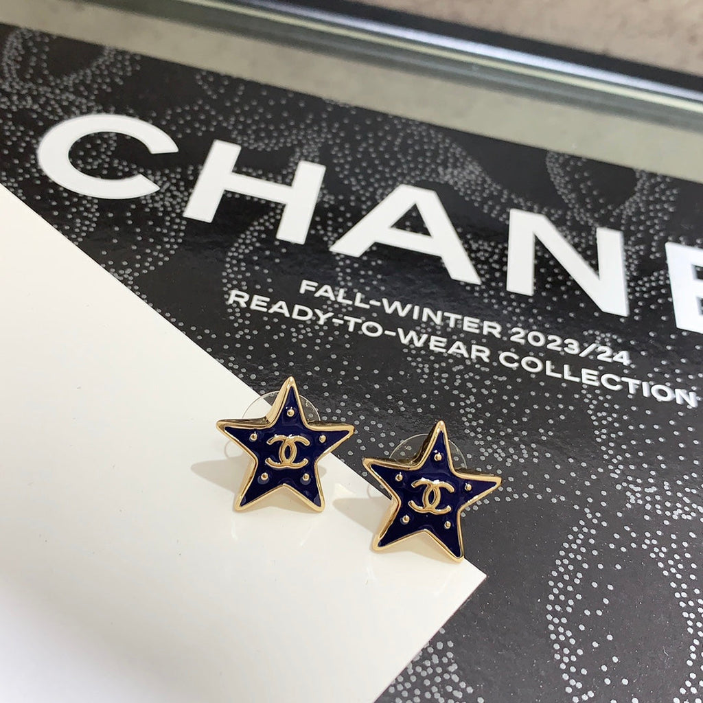 Chanel 2026 Gold Double C Blue Enamel Five-Pointed Star Earrings
