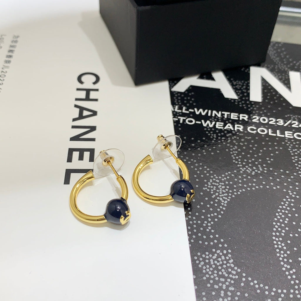 Chanel 2026 Navy Blue Enamel Ball Double C Hoop Earrings
