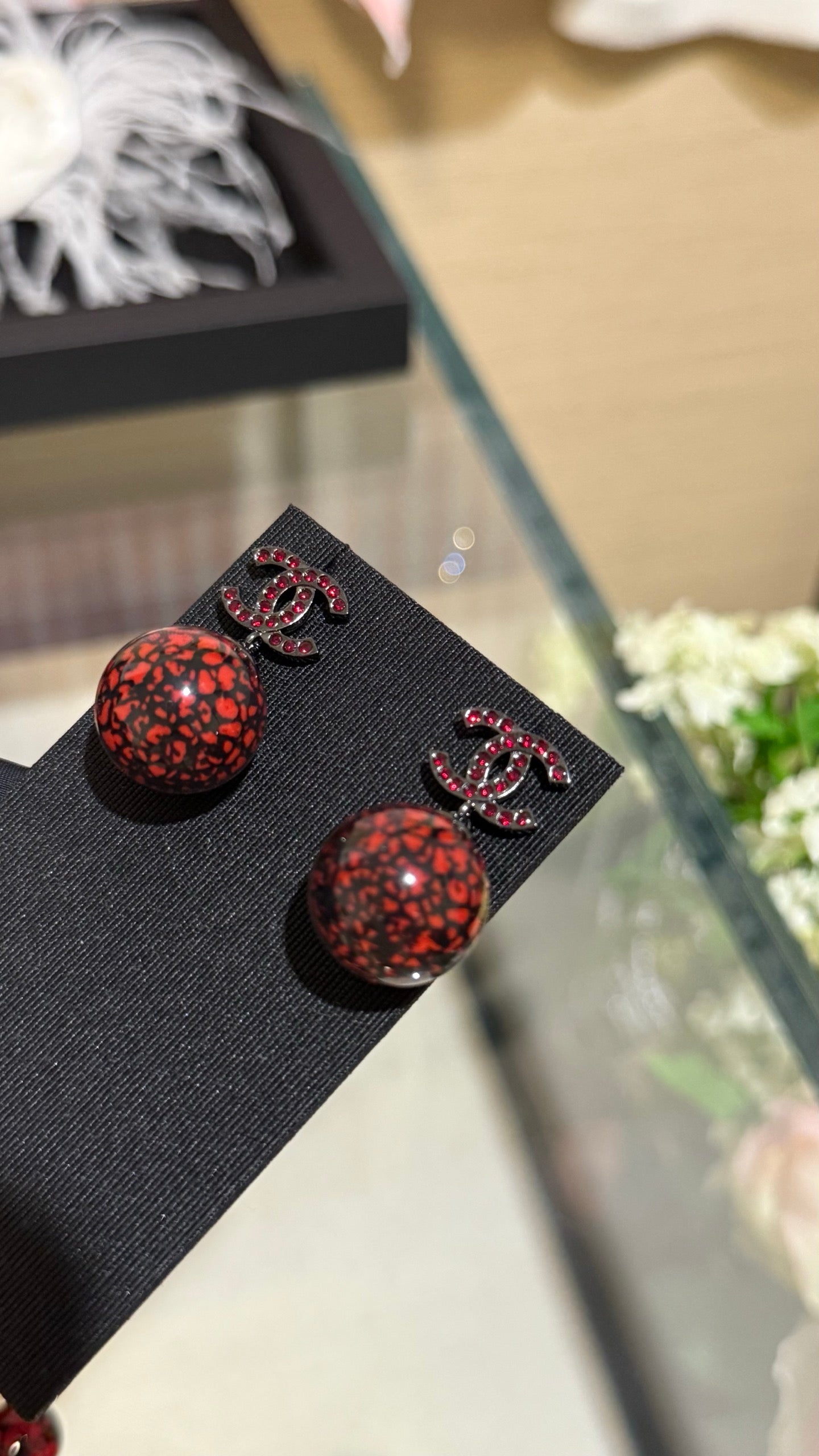 Chanel Double C Deep Red And Black Resin Ball Earrings