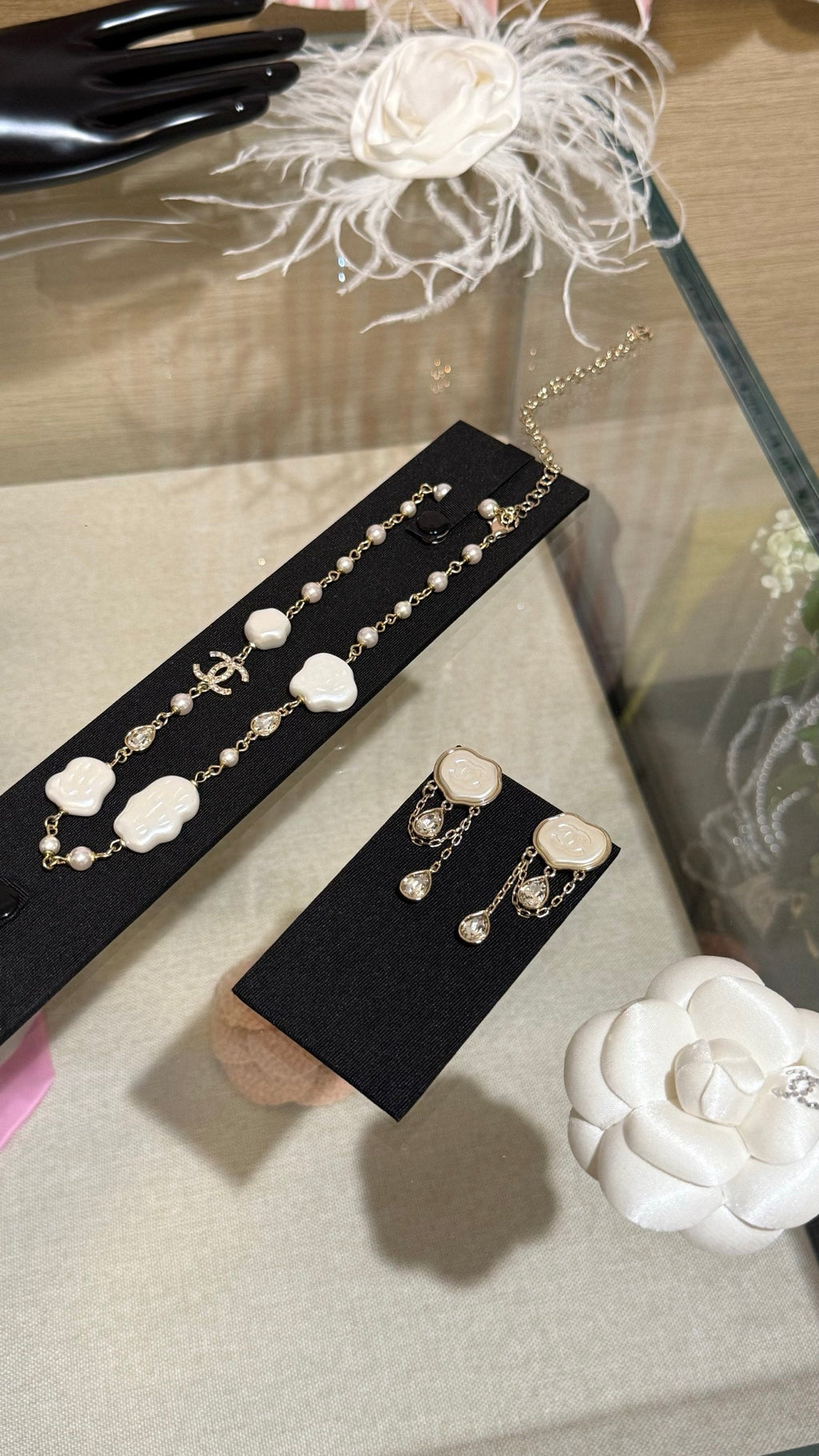 Chanel Cloud Double C Resin Double Teardrop Crystal Light Gold Chain Tassel Earrings