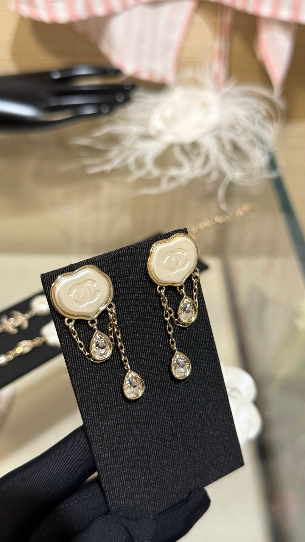 Chanel Cloud Double C Resin Double Teardrop Crystal Light Gold Chain Tassel Earrings