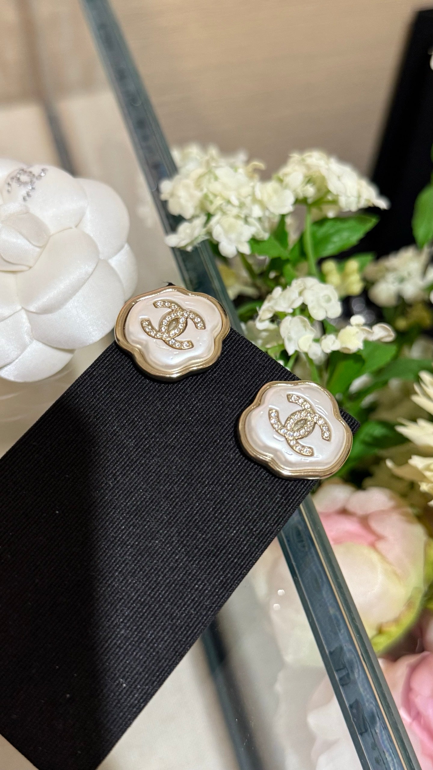 Chanel Cloud Resin Light Gold Full Diamond Double C Stud Earrings