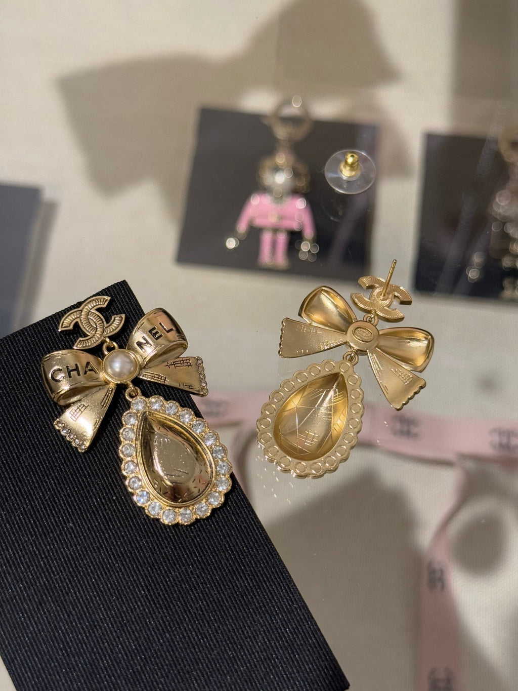 Chanel Gold Bow Pearl Letter Carved Double C Teardrop Crystal Earrings