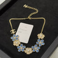 Chanel 2026 Denim Enamel Crystal Light Gold Double C Full Diamond Flower Pearl Necklace